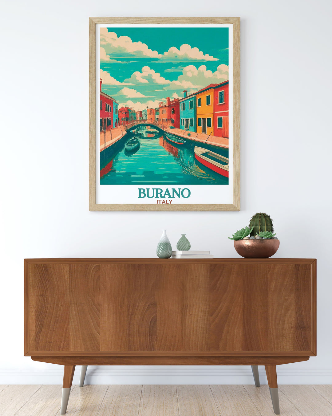 Stunning Burano city print featuring the iconic Canals and Bridges of this picturesque Italian island. Bright colors and serene waterways make this artwork a perfect gift for anyone who loves travel and beautiful cityscapes.