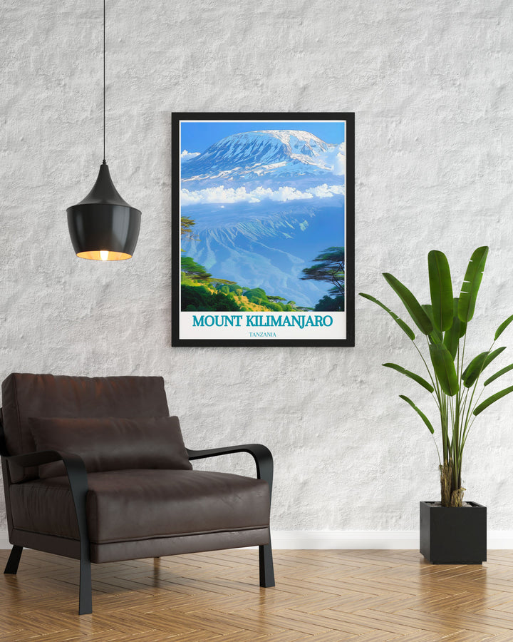 Mount Kilimanjaro modern decor print displaying the grandeur of Tanzanias mountain ideal for enhancing home interiors and serving as a unique travel gift.