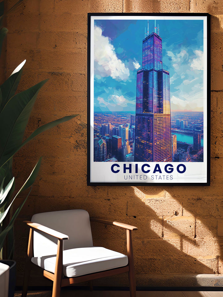 Beautiful Willis Tower vintage print featuring the Chicago skyline ideal for those looking to enhance their home decor with unique and personalized gifts.