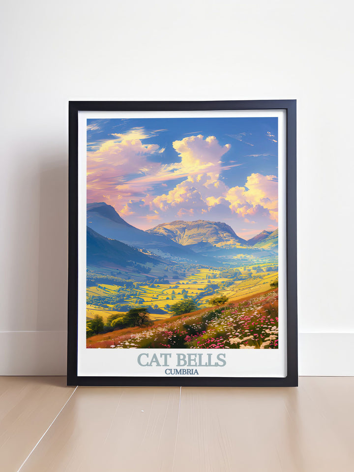Newlands Valley modern art print designed to add elegance to your home decor this travel poster features the stunning landscape of Derwentwater and Cat Bells Cumbria a wonderful addition to any room and a great gift for nature enthusiasts.