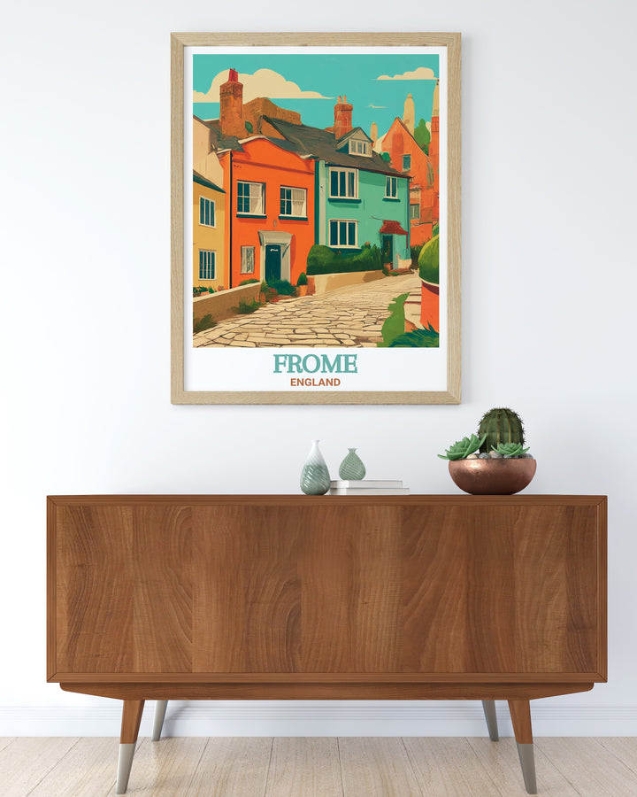 This Frome travel print captures the historic charm of Somersets iconic Catherine Hill, known for its artistic flair and quaint atmosphere. Whether youre decorating a home or looking for a special gift, this print brings a warm, nostalgic feel to any space.