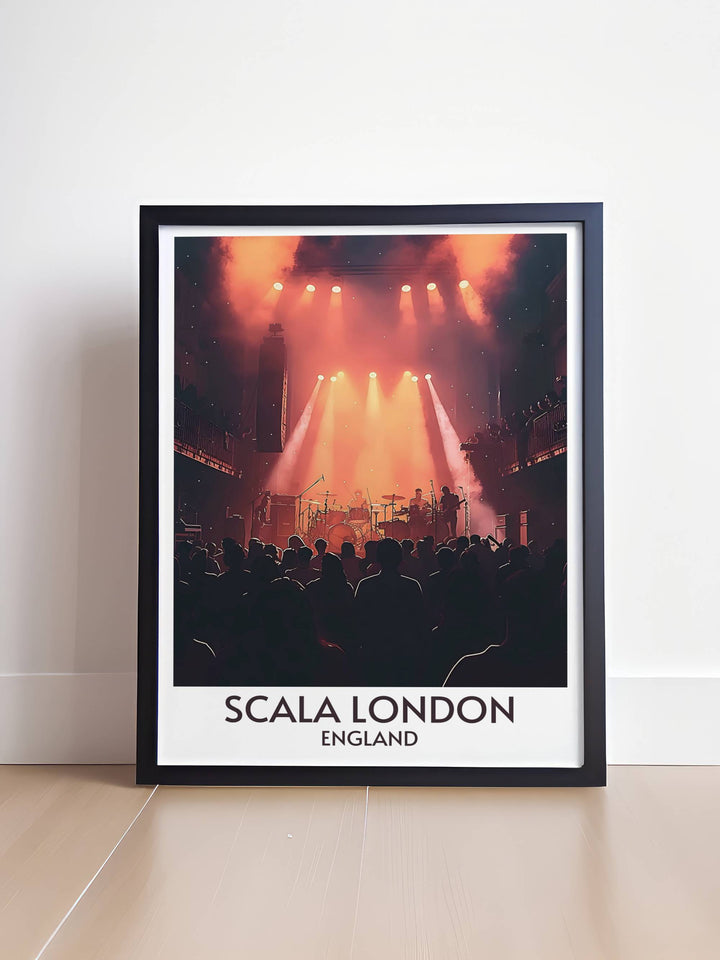 London music venue poster of Scala London capturing its iconic Art Deco architecture and the vibrant history of stage performances in Kings Cross a perfect addition to any collection of gig poster wall art celebrating the citys rich musical legacy