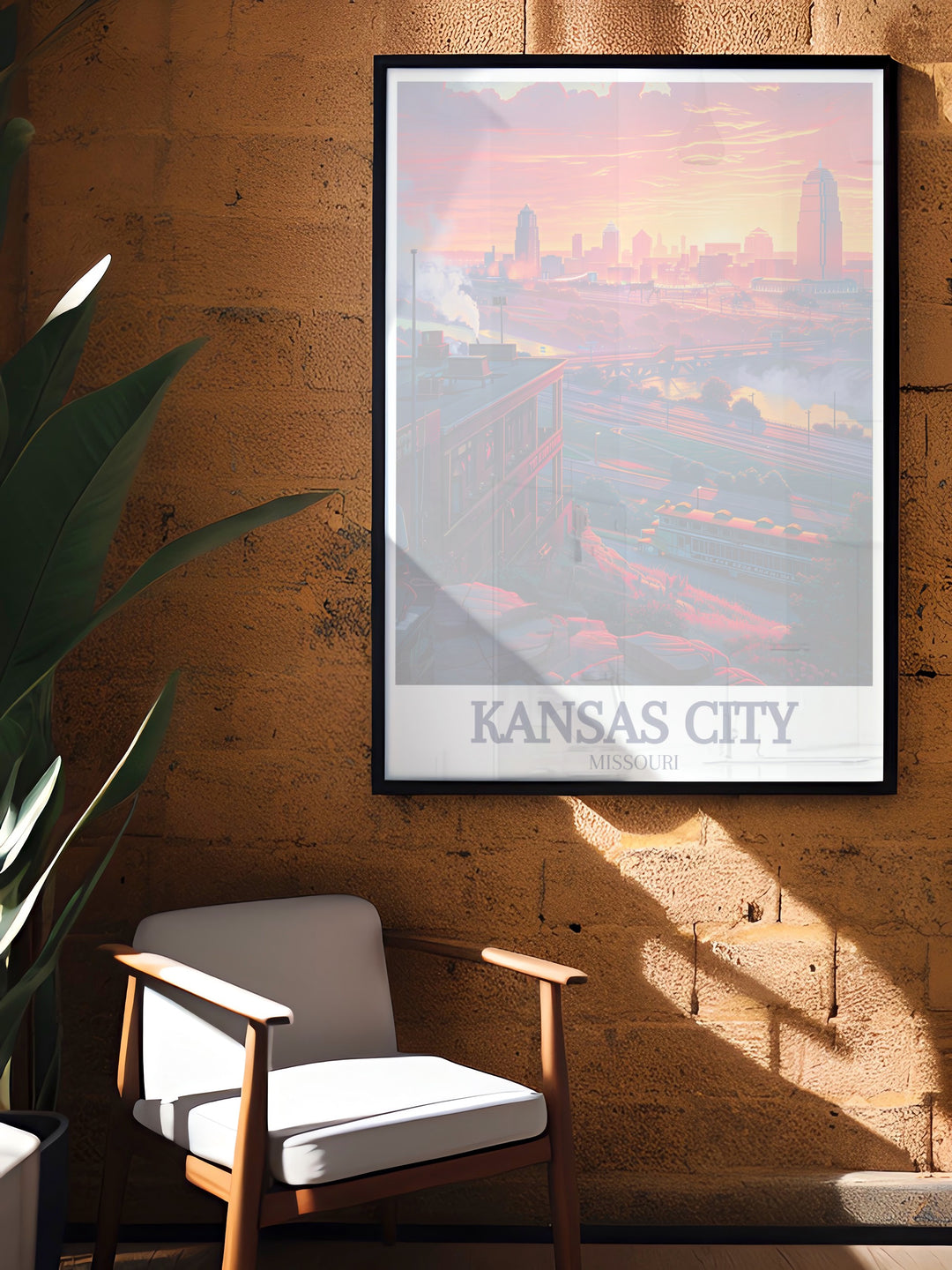 Kansas City vintage poster featuring the Power and Light Building and surrounding downtown areas. With its nostalgic yet modern design, this travel print is perfect for anyone looking to celebrate Kansas Citys dynamic skyline in their home.