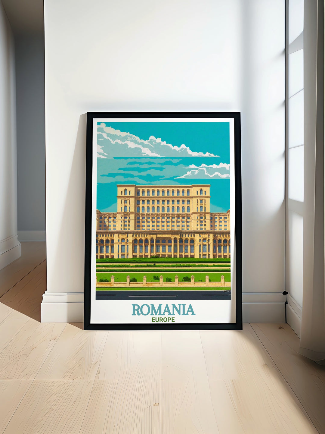 Palace of the Parliament wall art showcasing Romanias most famous landmark in Bucharest. This vintage poster makes a unique gift for lovers of European history and architecture, with its striking depiction of Romanias political and cultural history.