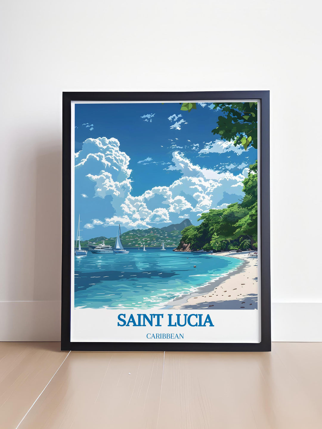 Marigot Bay Modern Prints in Saint Lucia Artwork capture the picturesque beauty of the Caribbean perfect for wall decor and thoughtful gifts ideal for birthdays anniversaries or Christmas celebrating the vibrant charm of Saint Lucia with every glance