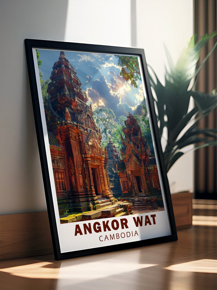 This Angkor Wat and Banteay Srei travel print captures the iconic architecture of Cambodias most famous temples. The finely detailed artwork celebrates the beauty of Khmer architecture, making it an excellent piece for those who appreciate ancient history and global travel art.