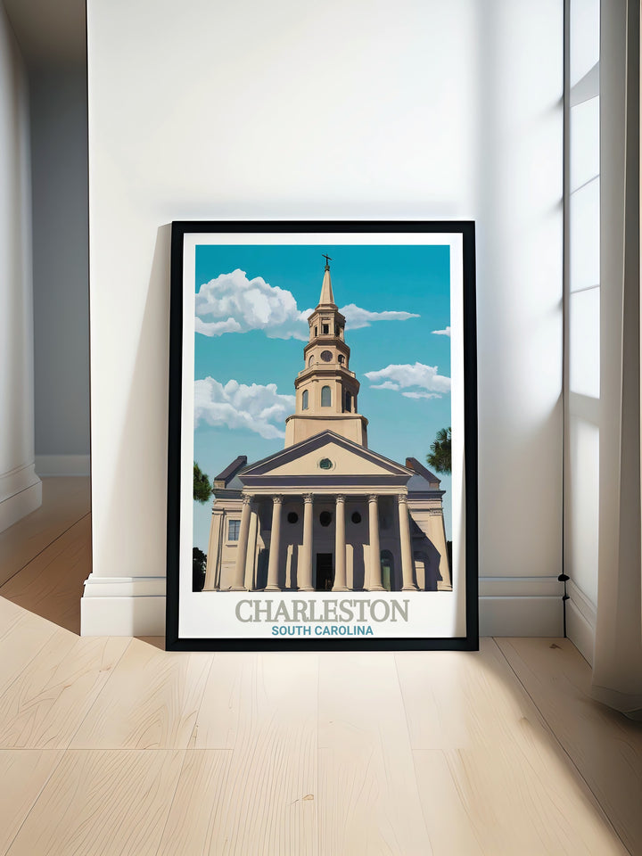 St. Michaels Church travel poster print featuring the iconic Charleston landmark with its stunning architecture perfect for adding a touch of elegance to any home decor or as a unique and thoughtful gift idea