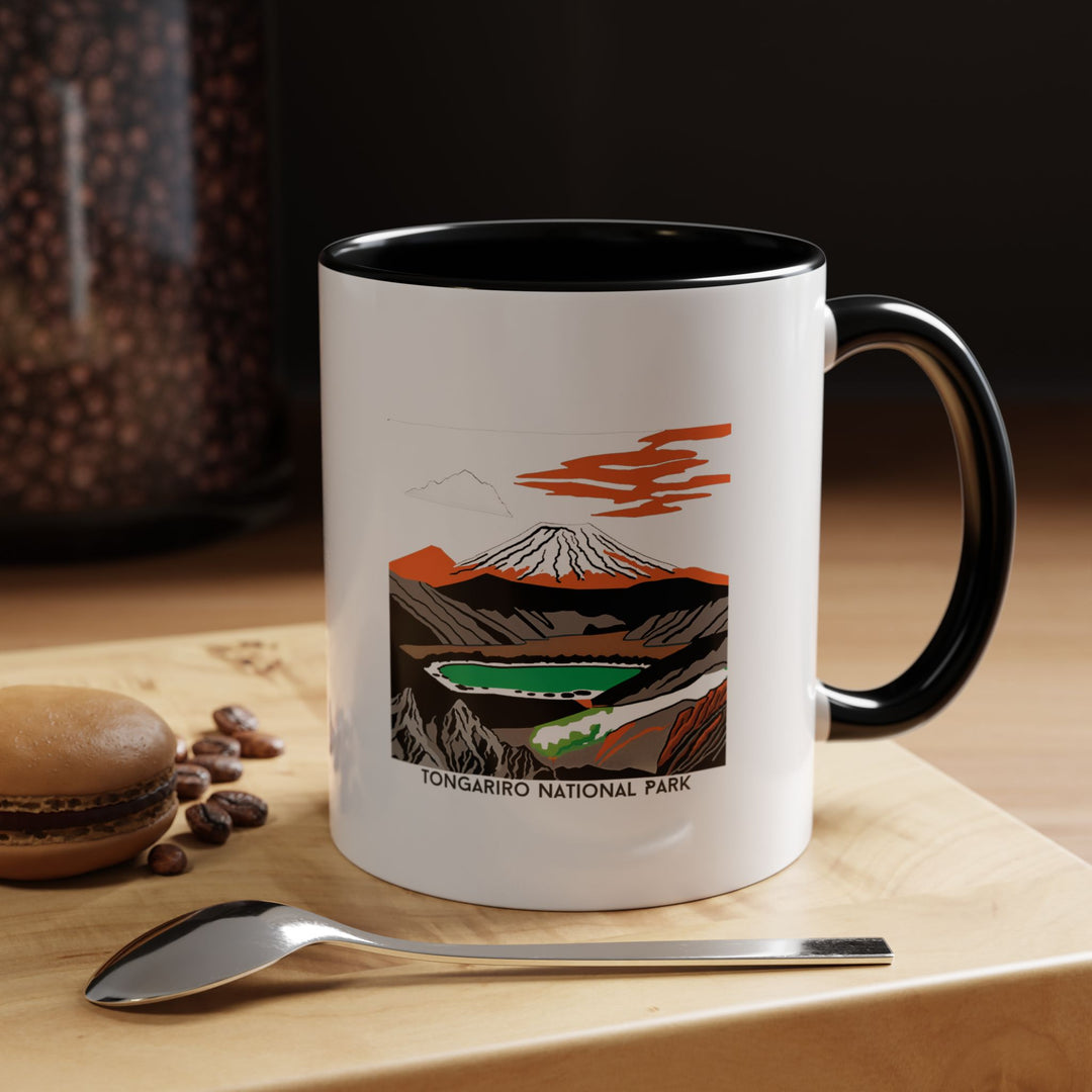 A stunning Tongariro National Park New Zealand mug designed by MapYourDreams, highlighting the unique beauty of New Zealand's iconic park. This ceramic 11oz mug is microwave safe and dishwasher safe. An ideal gift for friends or family who appreciate art, nature, and scenic landscapes.