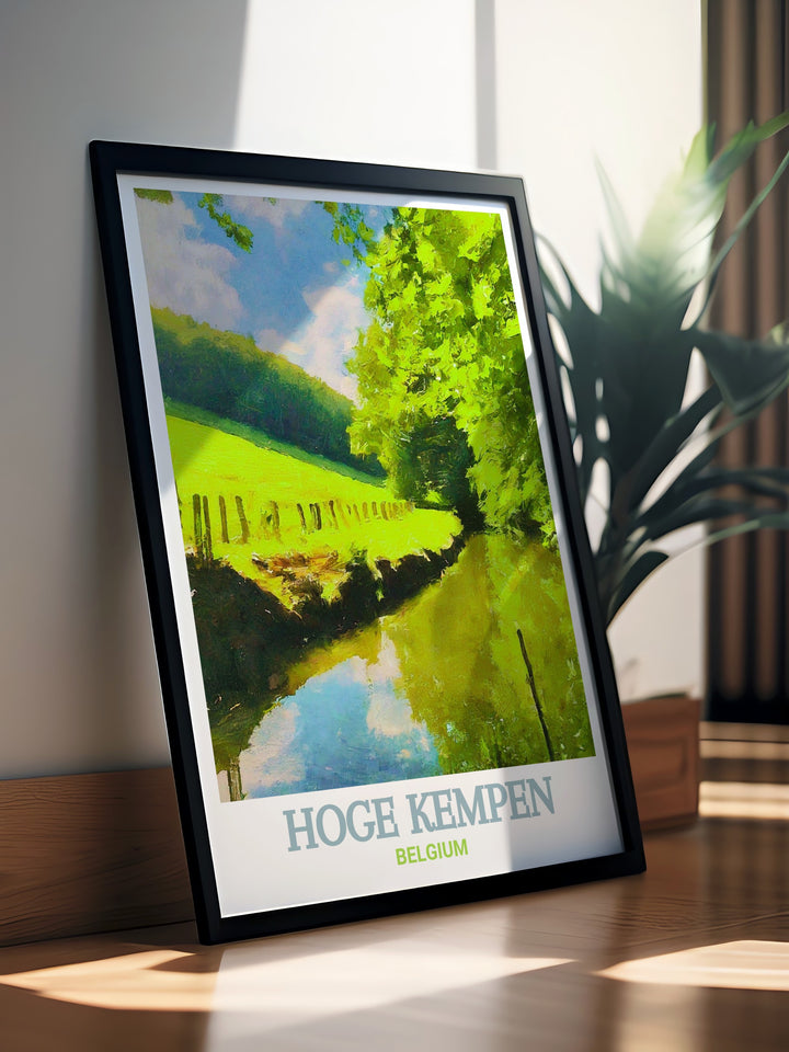 Discover Belgiums hidden natural treasures with this travel poster, featuring the pristine trails of Hoge Kempen and the lush valley of Vallei van de Kikbeekbron, perfect for enhancing any nature themed decor.