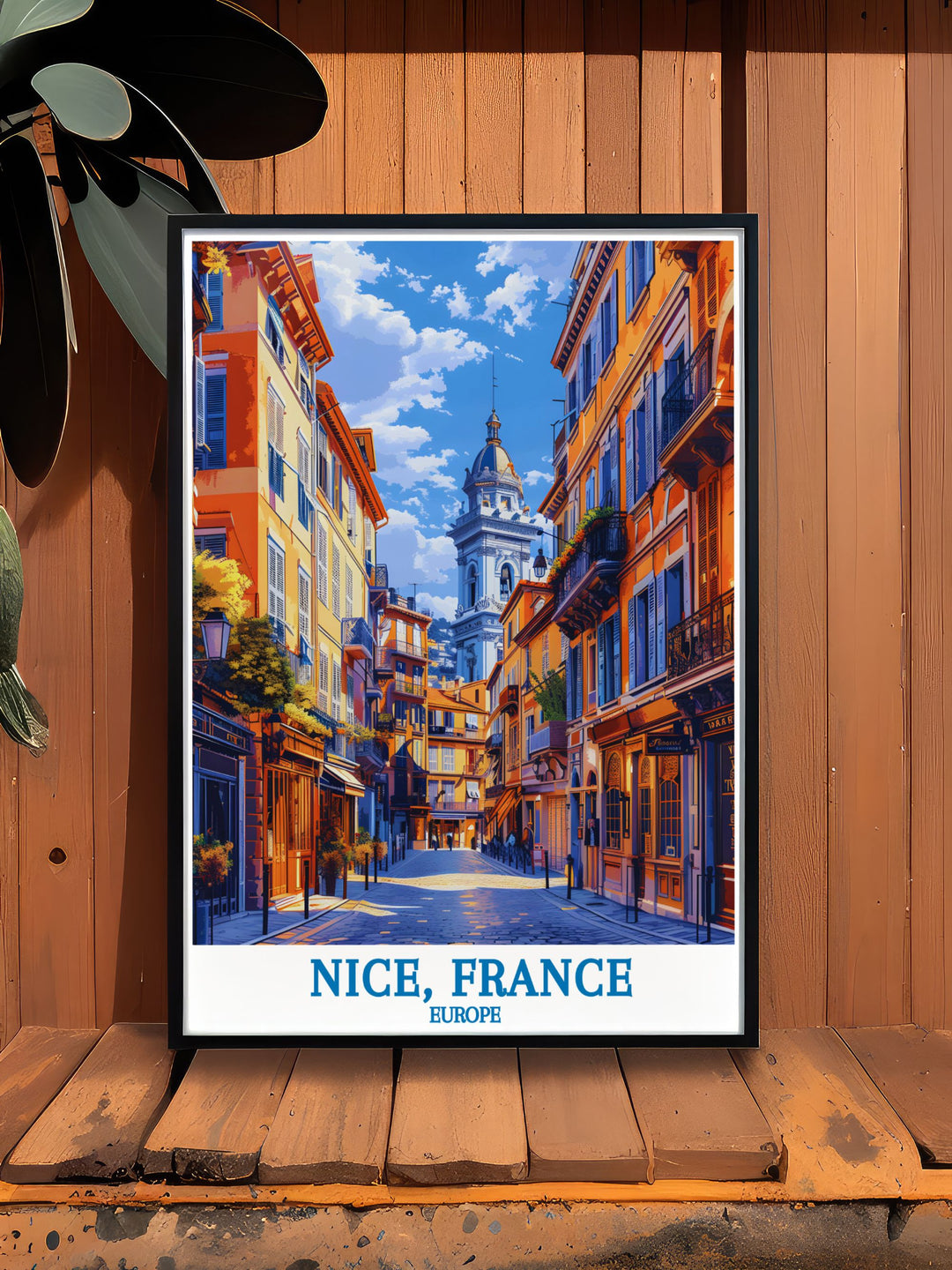 This art print beautifully depicts the lively streets of Vieux Nice, France, with its warm colored buildings and vibrant market scenes, ideal for those who love historic and scenic art.