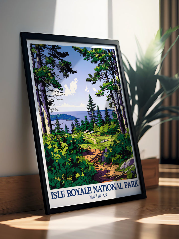 An exquisite canvas art piece celebrating the diverse ecosystems found within Isle Royale. This print captures the essence of the Isle Royale Hike Trail, showcasing vibrant colors and intricate details of the flora and fauna that thrive here.