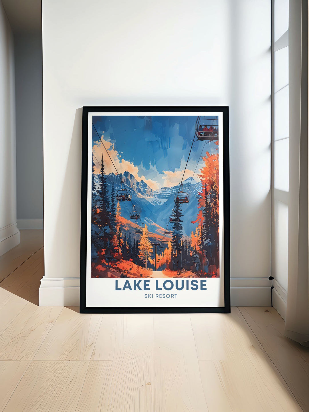The Top of the World Express lift at Lake Louise Ski Resort is beautifully illustrated in this poster, offering a glimpse into the exhilarating ski adventures and breathtaking views that await visitors in Banff National Park.