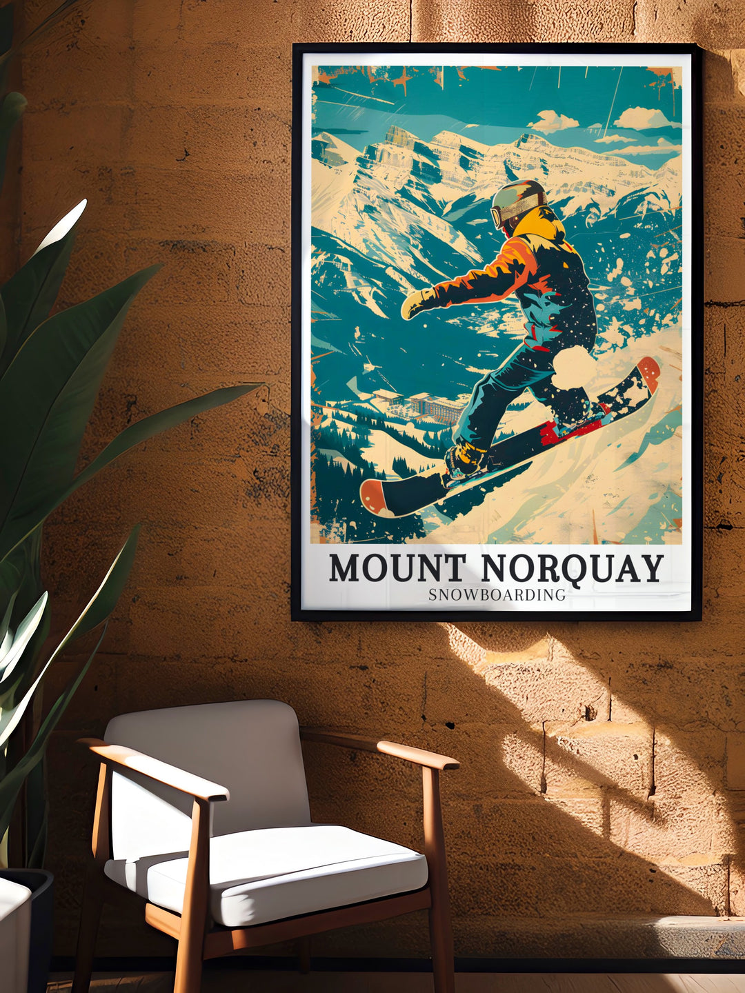 Mount Norquay Snowboarding Art Print offering a detailed portrayal of the dynamic snowboarding scene at Mount Norquay, set against the backdrop of the rugged Canadian Rockies. This print is perfect for adding a touch of adventure to any space.