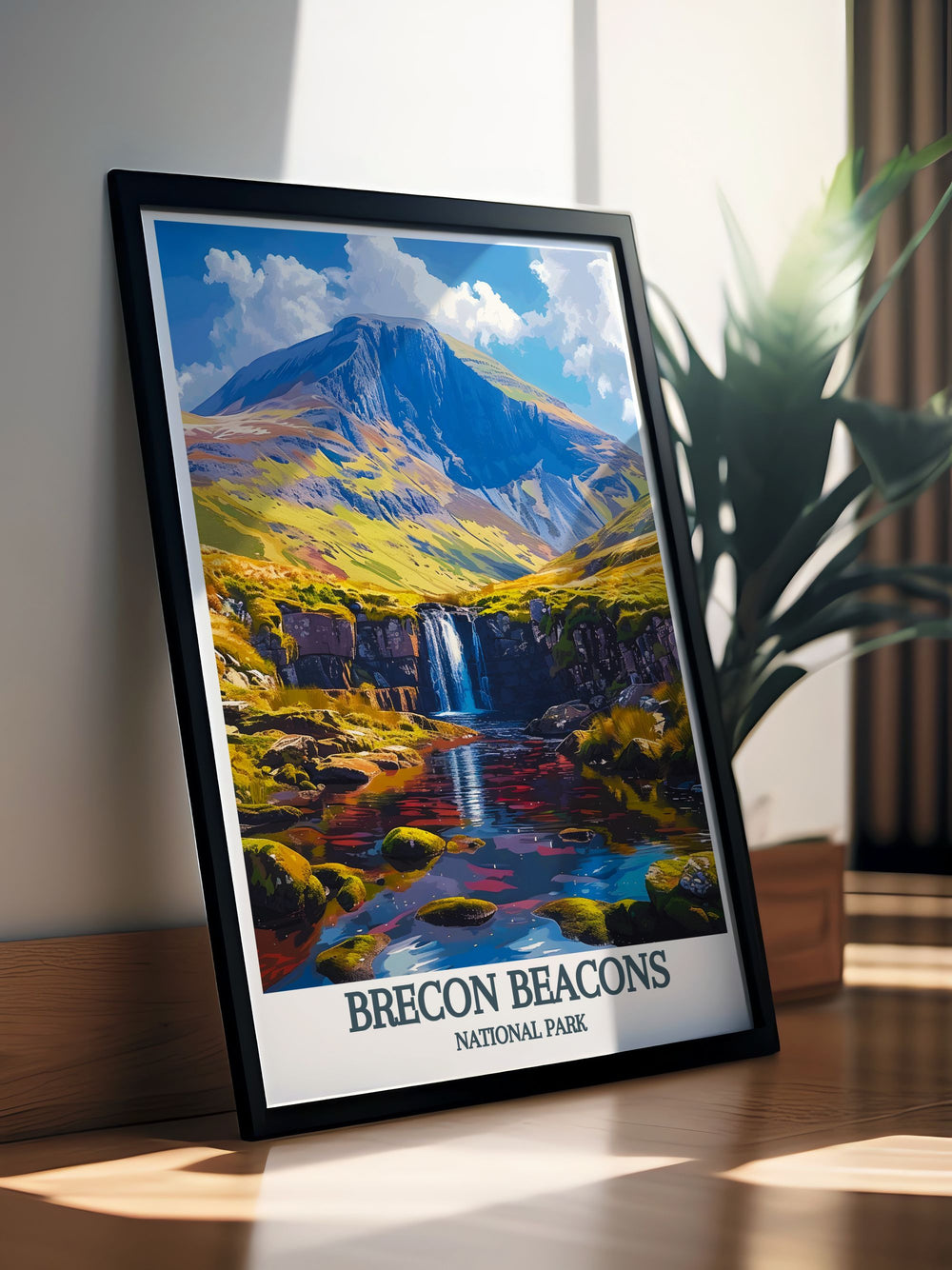 Retro travel poster of Brecon Beacons National Park showcasing the iconic peaks of Pen Y Fan and Corn Du. The vintage style and nostalgic charm make this Welsh wall art a beautiful addition to any room