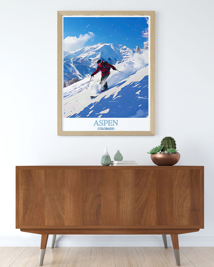 Featuring Aspen Highlands and its majestic slopes, this travel poster brings the thrill of Colorado skiing into your home, making it a perfect addition to any winter sports lovers decor.