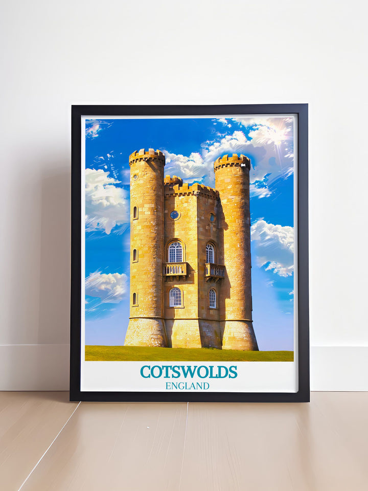 Marvel at the historic charm of Broadway Tower with this travel poster, capturing its unique architecture and the breathtaking views of the Cotswolds landscape, perfect for bringing a touch of English elegance into your home.