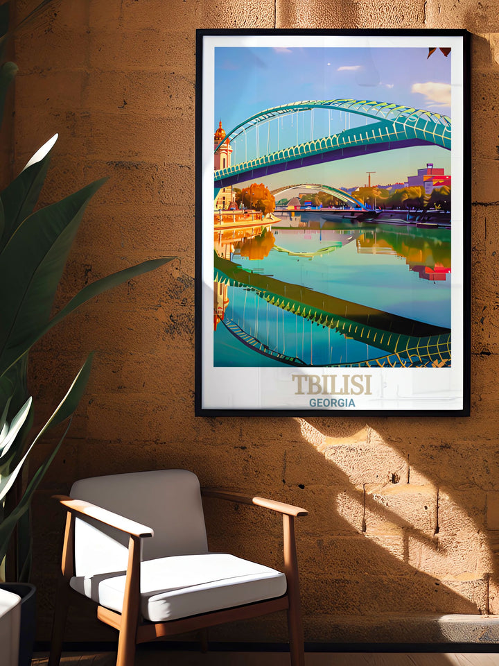 The perfect blend of history and modern design this Tbilisi Poster Print highlights the Bridge of Peace in a vintage style making it an ideal personalized gift or home decor piece. Great for those who appreciate travel and architecture.