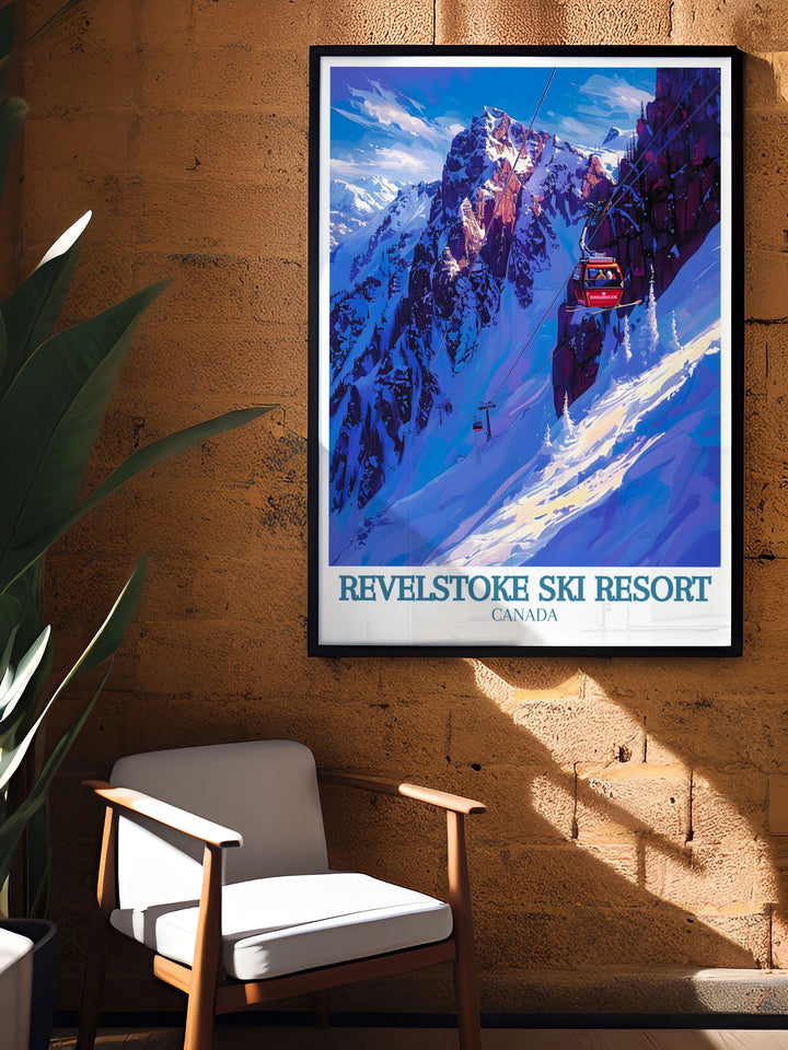 British Columbia Art showcasing Mount Mackenzie and the Revelation Gondola cable car. This Vintage Ski Poster is ideal for decorating any space with a touch of adventure and nostalgia.