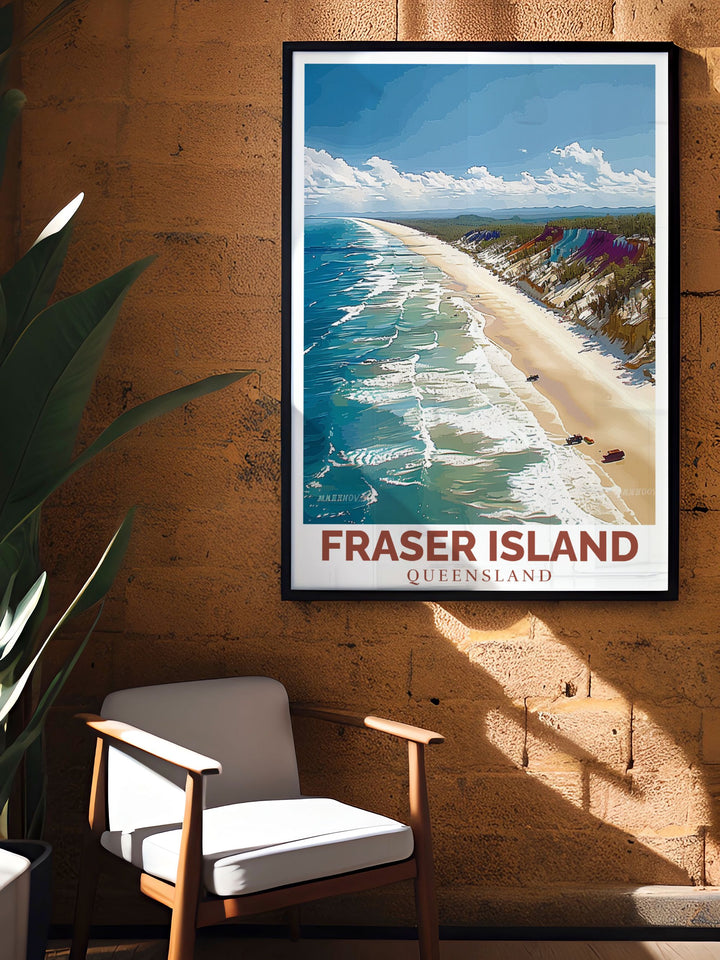 Fraser Island Art Print showcases the beauty of 75 mile beach in stunning detail. Ideal for beach lovers and fans of Australias unique landscapes this art print serves as an elegant home decor piece or a personalized gift for special occasions.