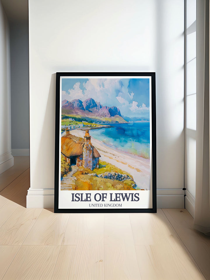 A travel poster depicting the historical charm of Gearrannan Blackhouse Village on the Isle of Lewis, showcasing its traditional stone houses and scenic coastal location, perfect for adding a touch of Scottish heritage to your decor.