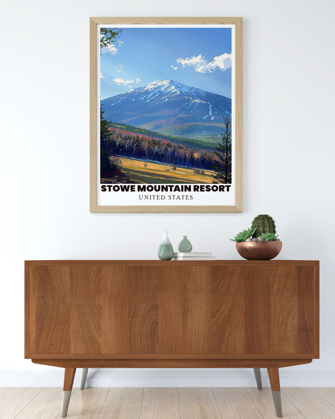 Elegant framed print of Mount Mansfield and Stowe Ski Resort designed to elevate your home decor with the serene beauty of Vermonts highest peak and the exciting charm of Stowes skiing scene