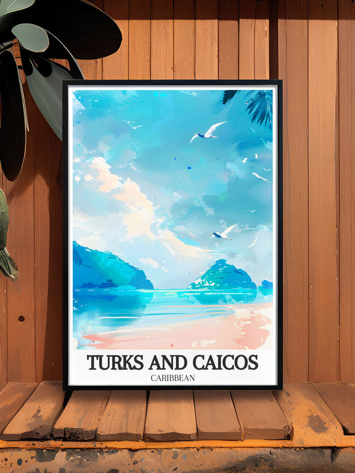 This framed art of Turks and Caicos showcases the calming waters of Chalk Sound National Park. With a minimalist design, this vintage travel poster brings the tropical serenity of the islands to life, perfect for anyone dreaming of a Caribbean escape.