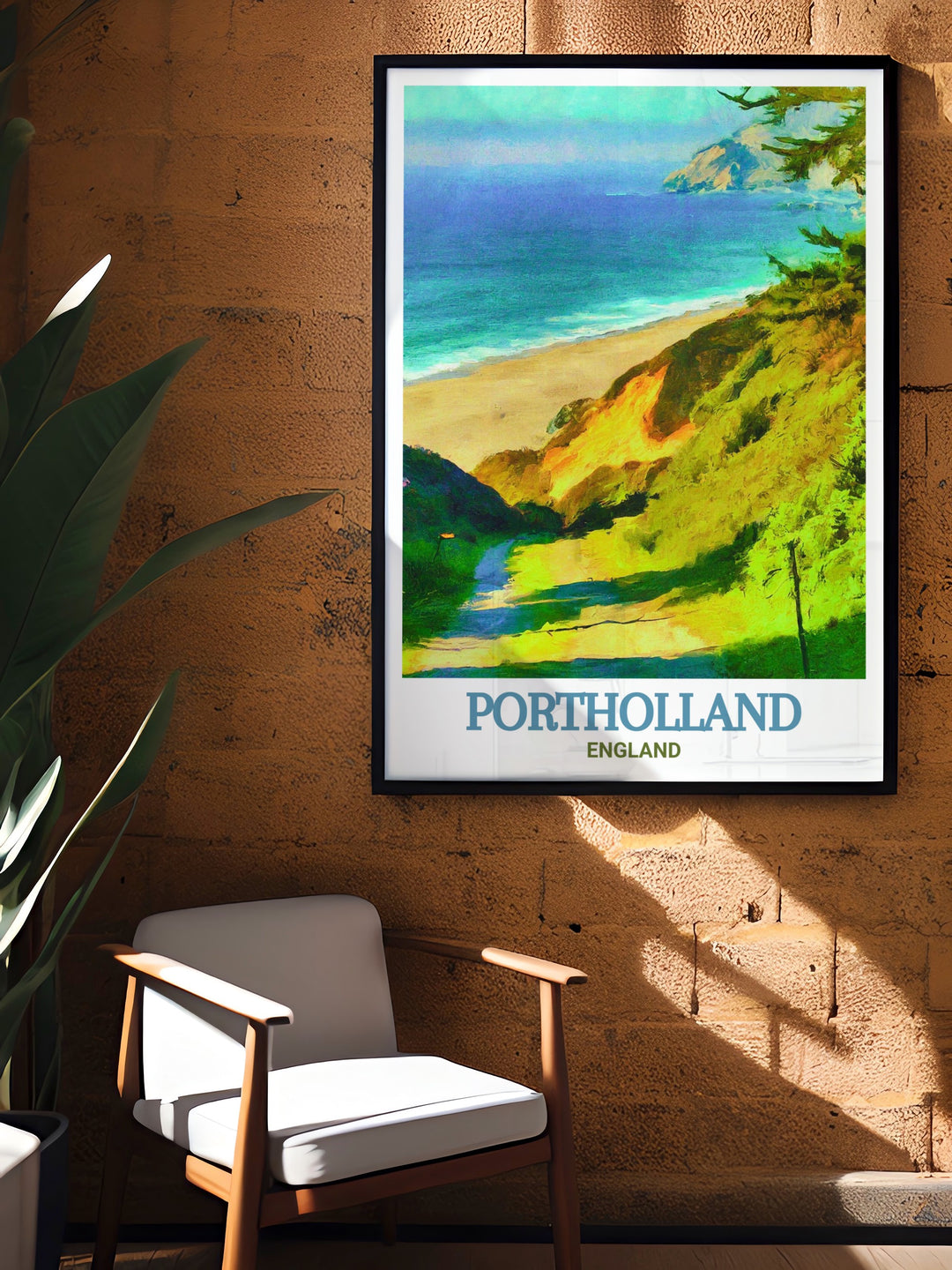 A detailed art print capturing the tranquil charm of Portholland Beach in Cornwall. The soft hues and intricate details bring the serene coastal scene to life, making it a perfect addition to any room that seeks to evoke the peaceful atmosphere of a quiet seaside village.