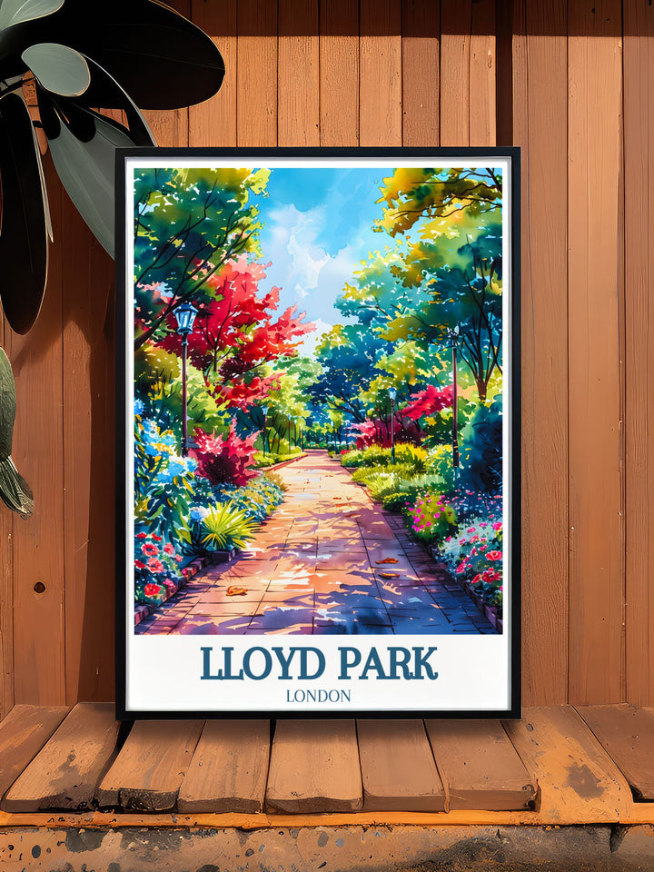 London travel poster depicting the tranquil beauty of Lloyd Park and its rose garden. Perfect for London gallery displays or personal home decor. Celebrate the natural elegance and historical significance of Waltham Forest with this stunning print.