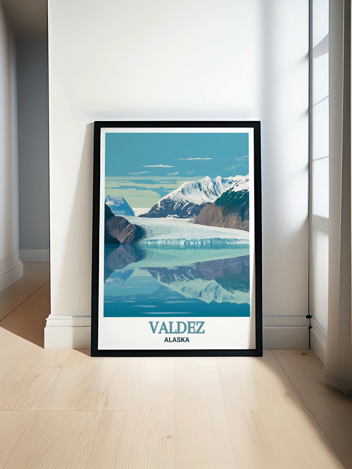 The Columbia Glacier, one of Alaskas most iconic natural wonders, is the star of this poster print, offering a breathtaking view of its icy expanse. A perfect addition to any art collection, this print celebrates the beauty and power of Alaskas great outdoors.