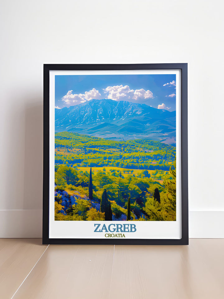 Beautiful Medvednica Mountain modern art piece showcasing lush Croatian landscapes. Ideal for stylish living room decor and unique holiday gifts.