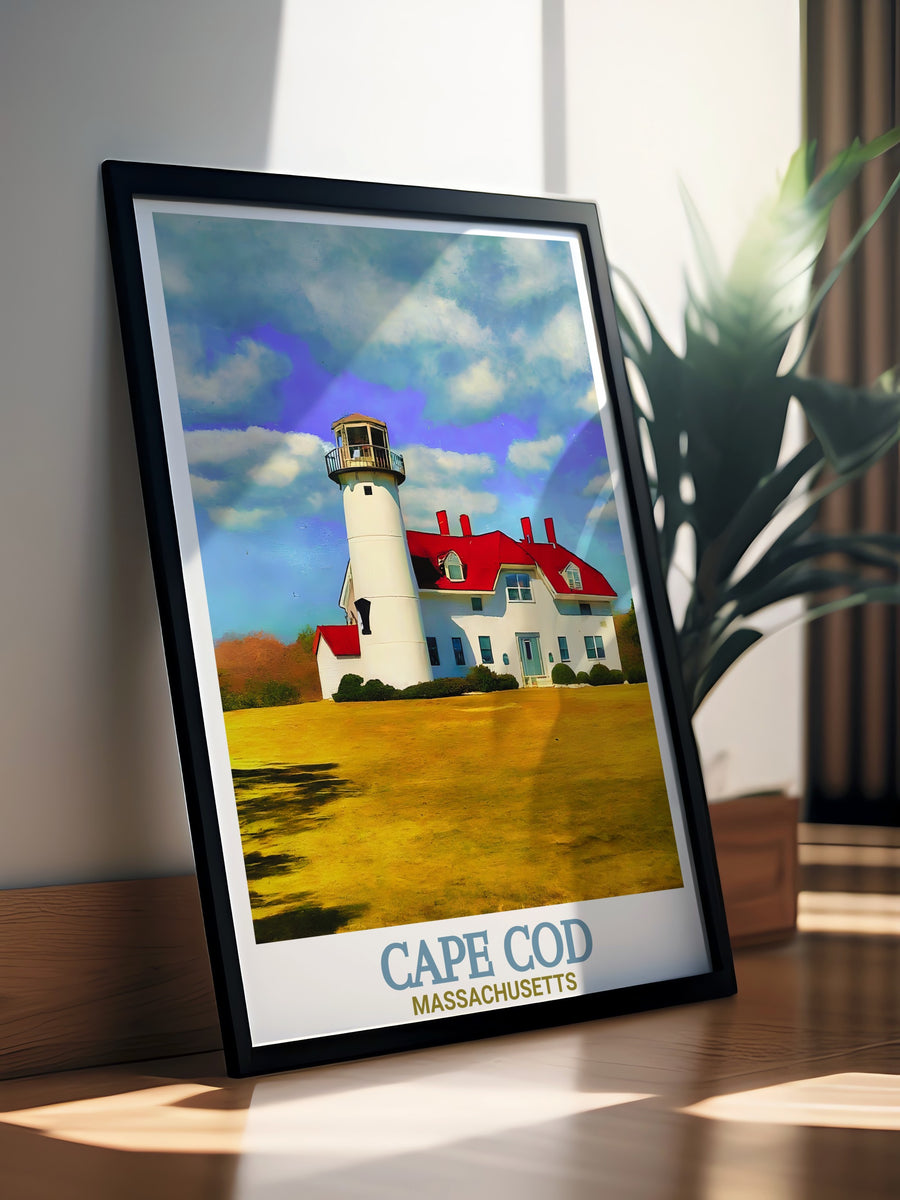 Featuring Chatham Lighthouse, this Massachusetts canvas art piece brings the coastal charm of Cape Cod into your home. The soft colors and detailed fine lines make it a standout addition to any living space, especially for lovers of nautical themes.
