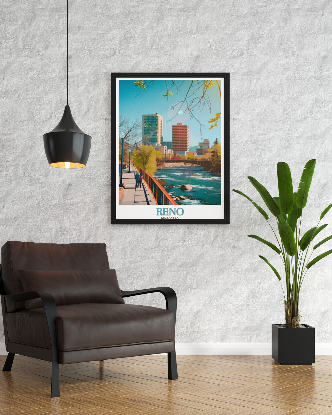 This travel poster of Renos Truckee Riverwalk captures the serene flow of the river through downtown. Perfect for lovers of Reno and the outdoors, this framed artwork brings a sense of tranquility and adventure to your living space.