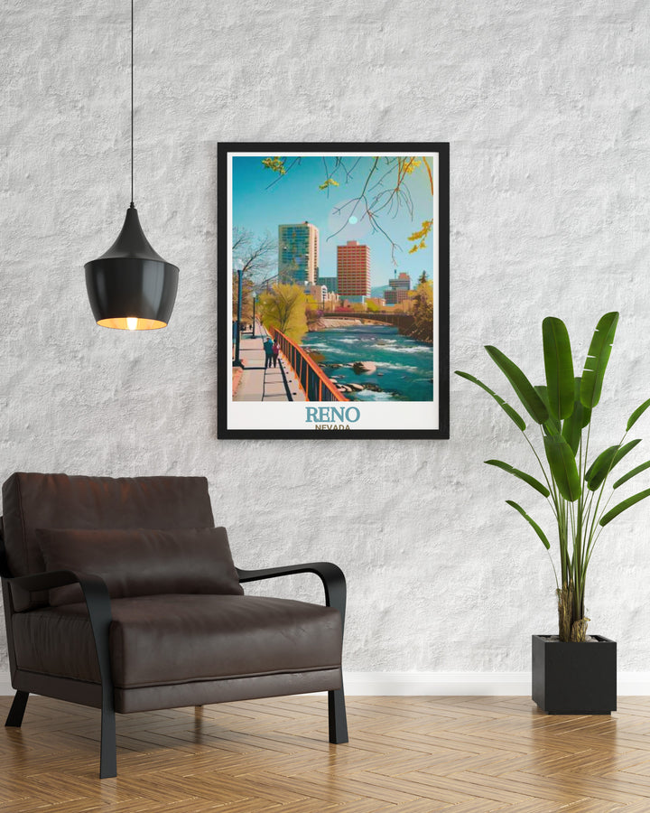 This travel poster of Renos Truckee Riverwalk captures the serene flow of the river through downtown. Perfect for lovers of Reno and the outdoors, this framed artwork brings a sense of tranquility and adventure to your living space.