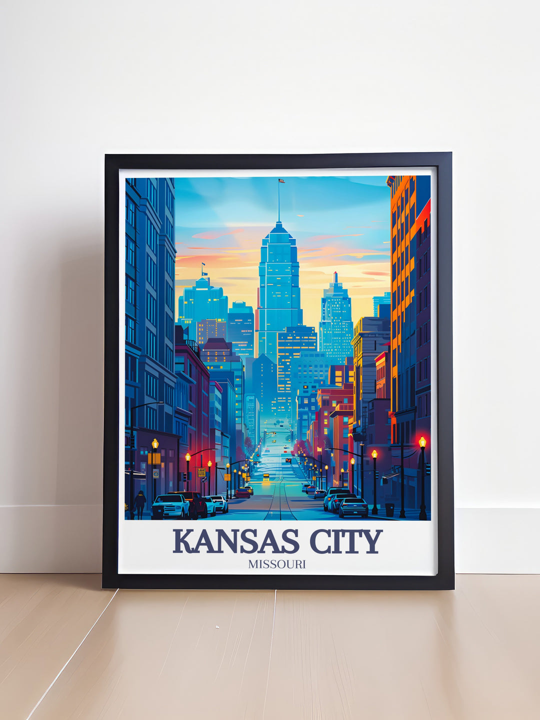 Main Street Kansas City travel print offering a unique perspective of Missouris bustling urban center. This canvas art is perfect for those who want to bring the citys vibrant energy into their home or office space, highlighting the best of Kansas Citys architecture.