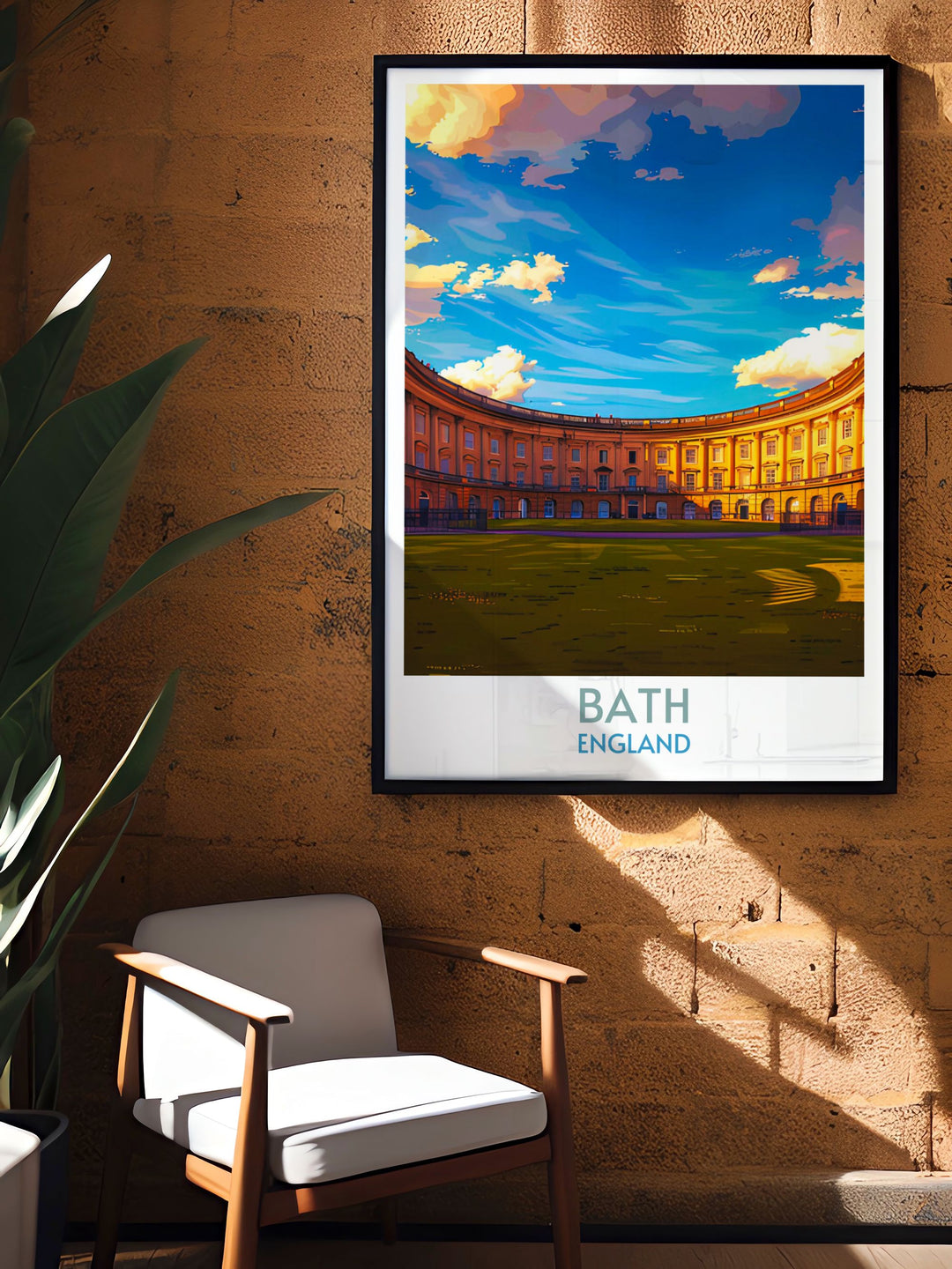 Elegant travel poster of Royal Crescent in Bath, England, ideal for those decorating with themes of English history and architecture.