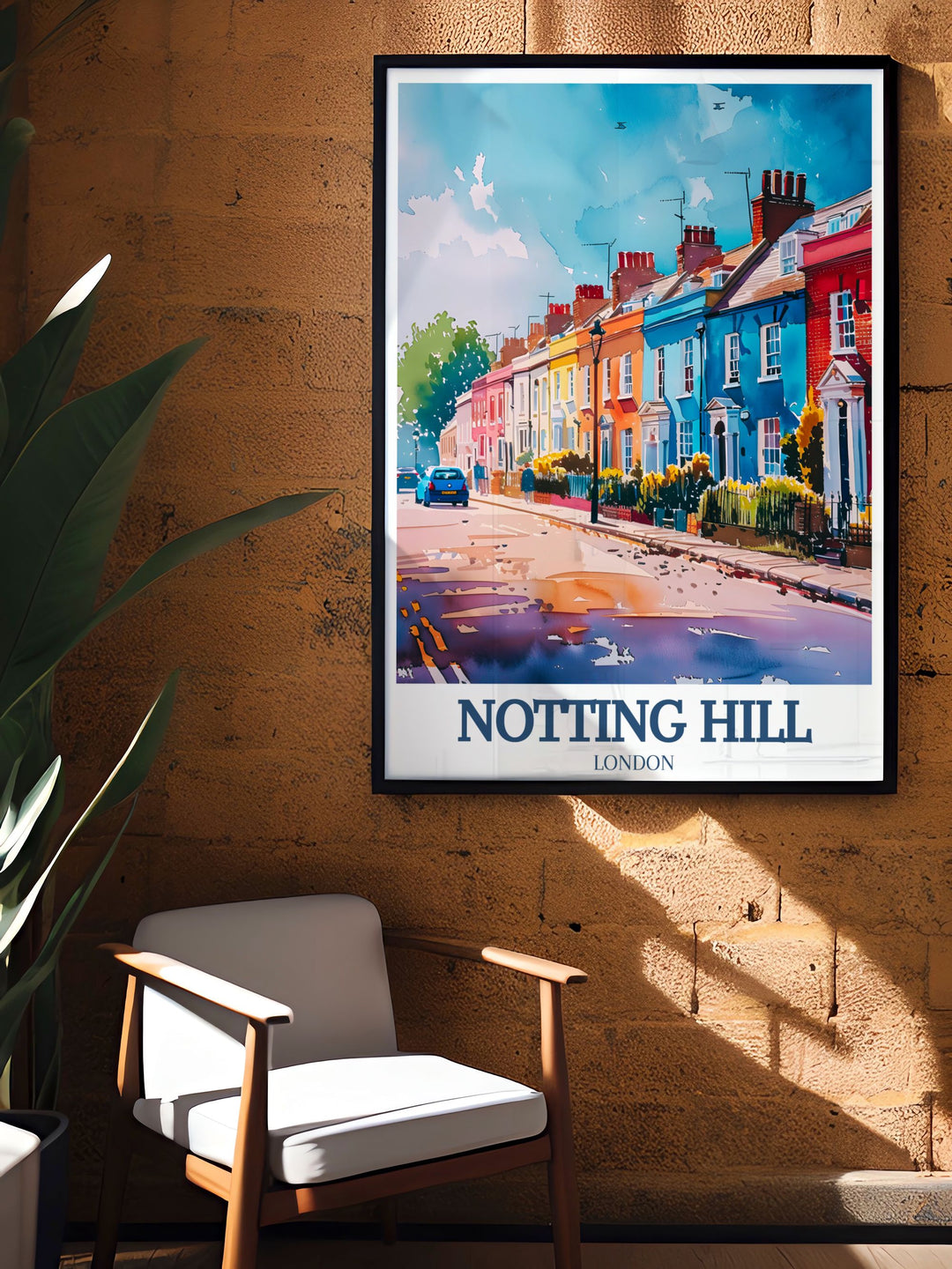 London travel print featuring Portobello Road Market and St. Peters Church brings the timeless charm of Notting Hill to your decor perfect for enhancing any space with a stunning representation of these iconic West London landmarks in a vibrant and colorful design