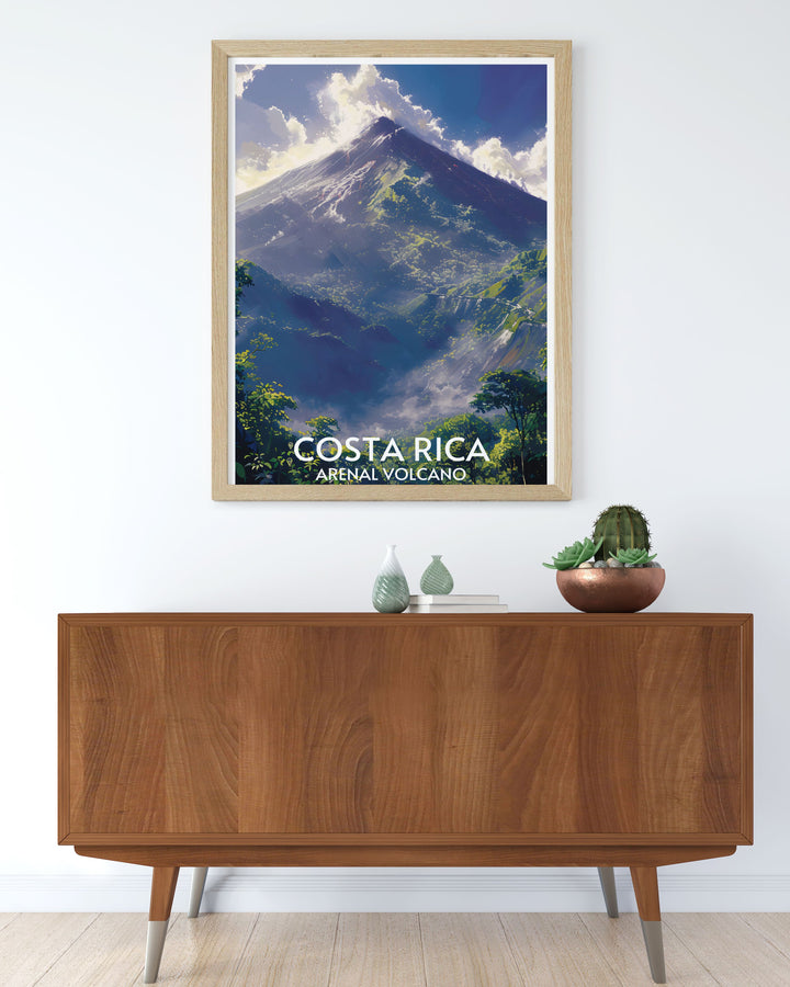 Arenal Volcano at sunrise, the early morning light casting a warm glow over the tranquil landscape in this art print.