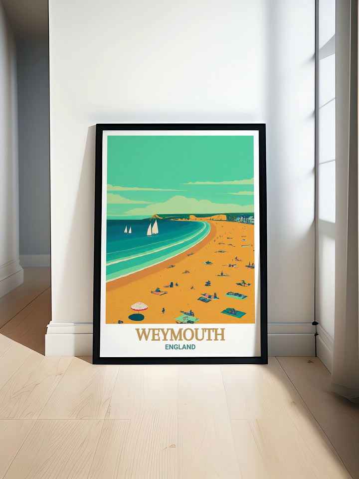 Art print of Weymouth Beach highlighting its natural beauty and coastal charm. This detailed illustration is perfect for adding a touch of seaside magic to your living space, creating a serene and inviting atmosphere.