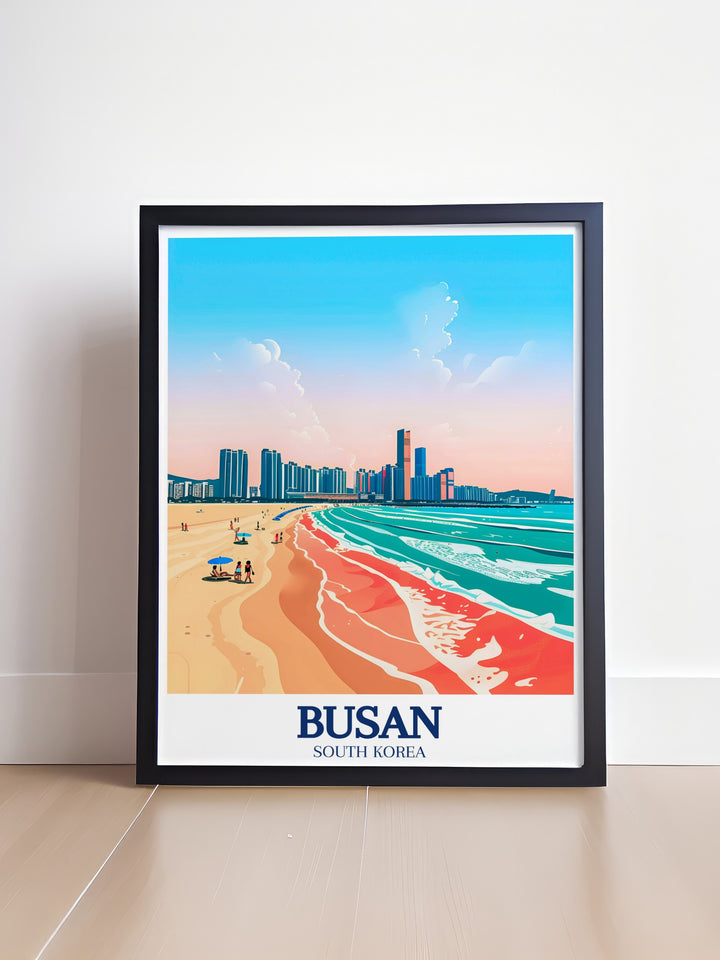 Haeundae Beach and Haeundae gu Skyline featured in this striking Busan poster offering a perfect blend of natural beauty and urban design this South Korea art print is ideal for transforming your home into a modern and relaxing sanctuary.