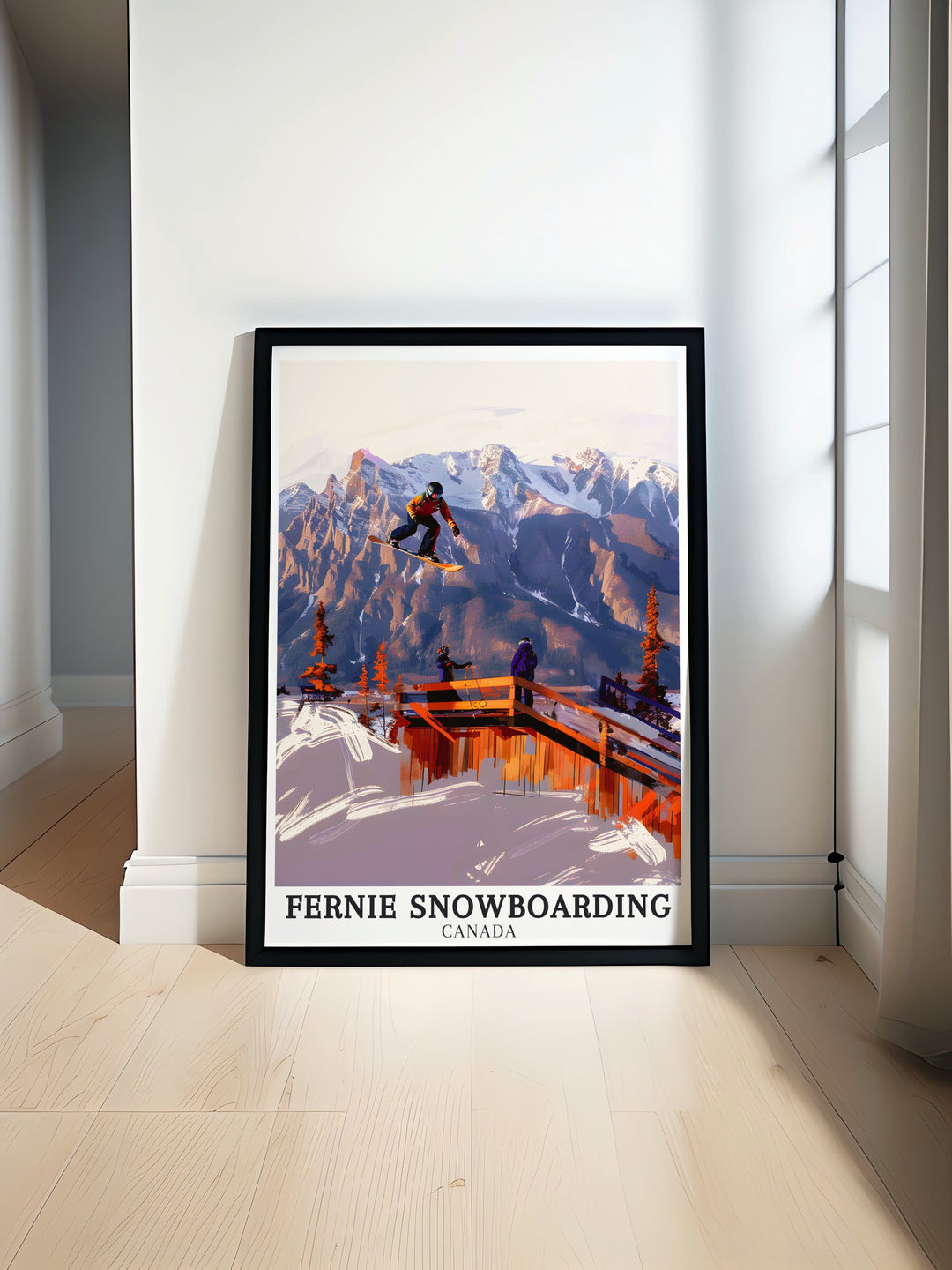 Fernie Snowboarding poster print showcasing the exhilarating slopes of Fernie Alpine Resort in British Columbia, Canada. This travel print captures the thrill of snowboarding against the stunning backdrop of the Fernie Peaks, making it a must have for winter sports enthusiasts.