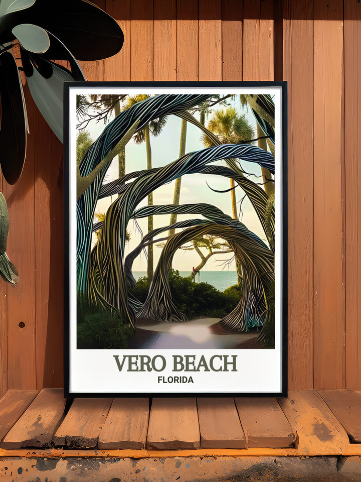 Detailed travel print of Floridas Vero Beach, capturing its relaxing coastal views. This wall poster is perfect for anyone who wants to bring a piece of Floridas sun and sand into their home décor.