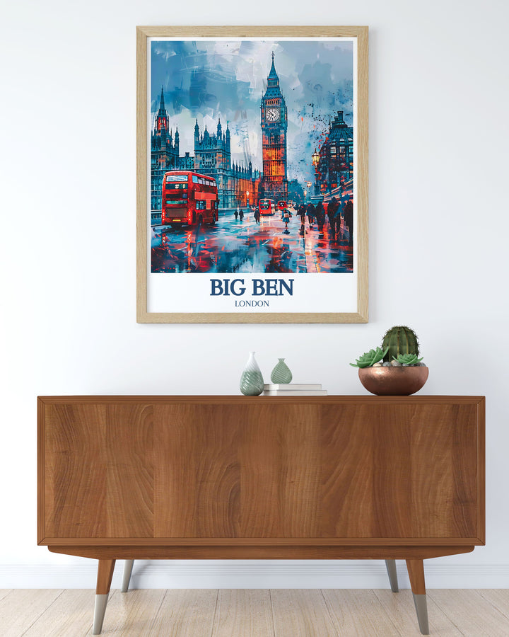 Elegant London wall art depicting Big Ben and Westminster Bridge with the River Thames, showcasing the citys architectural and scenic beauty. Perfect for adding sophistication and a touch of history to any room.