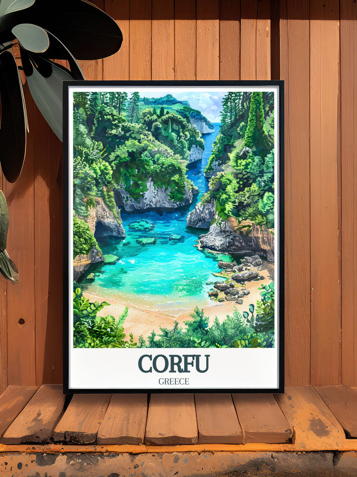 a framed poster of a tropical beach scene