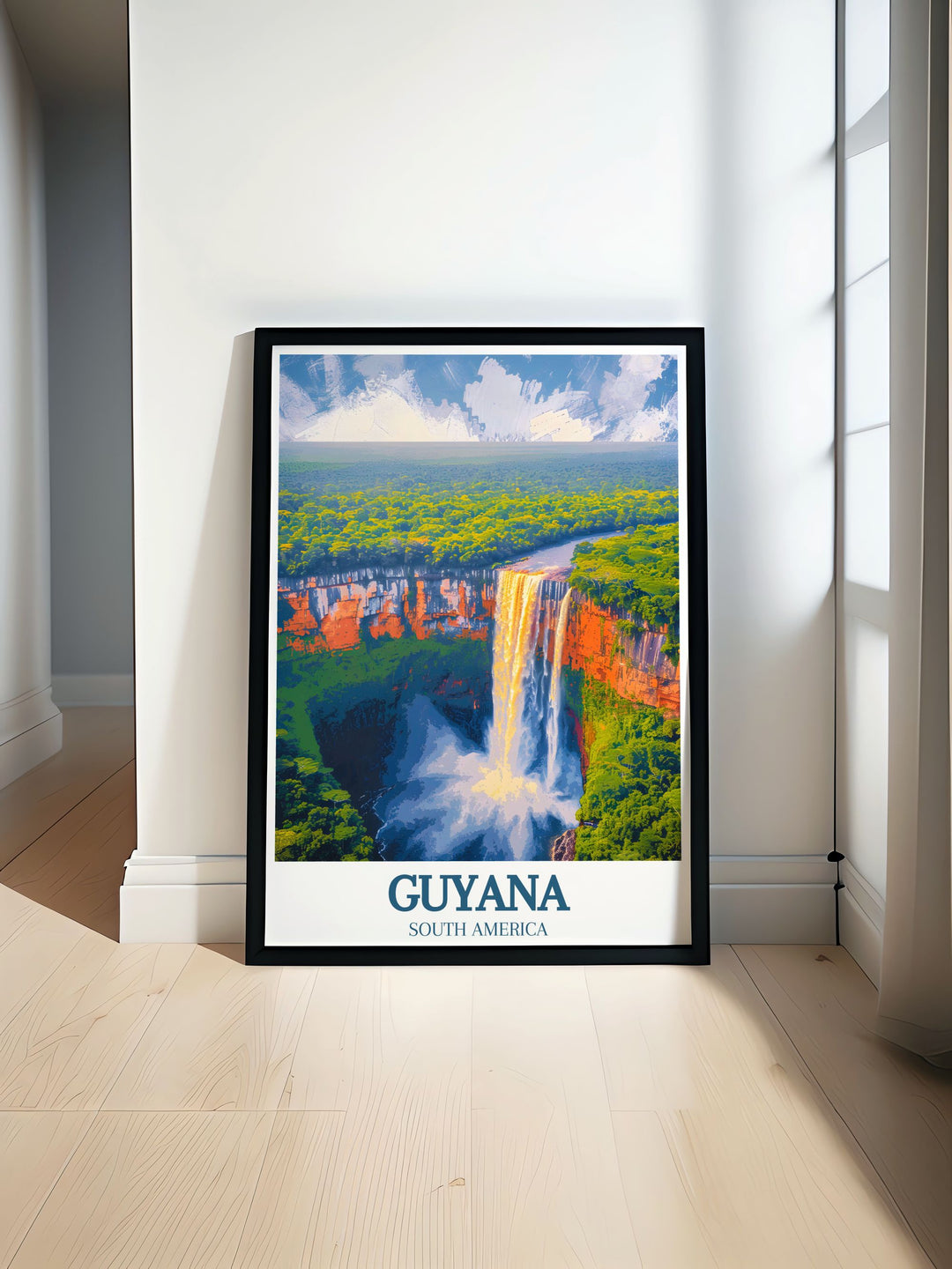 This travel poster features the vibrant rainforests and serene rivers of Guyana, offering a picturesque view of the countrys untouched natural beauty, perfect for enhancing any room.