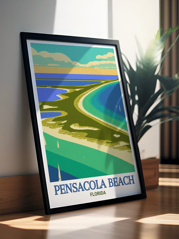 Florida travel poster featuring the picturesque Gulf Islands National Seashore at Pensacola Beach. Ideal for adding a touch of Floridas charm to your decor. This print captures the essence of the scenic coastal landmark.