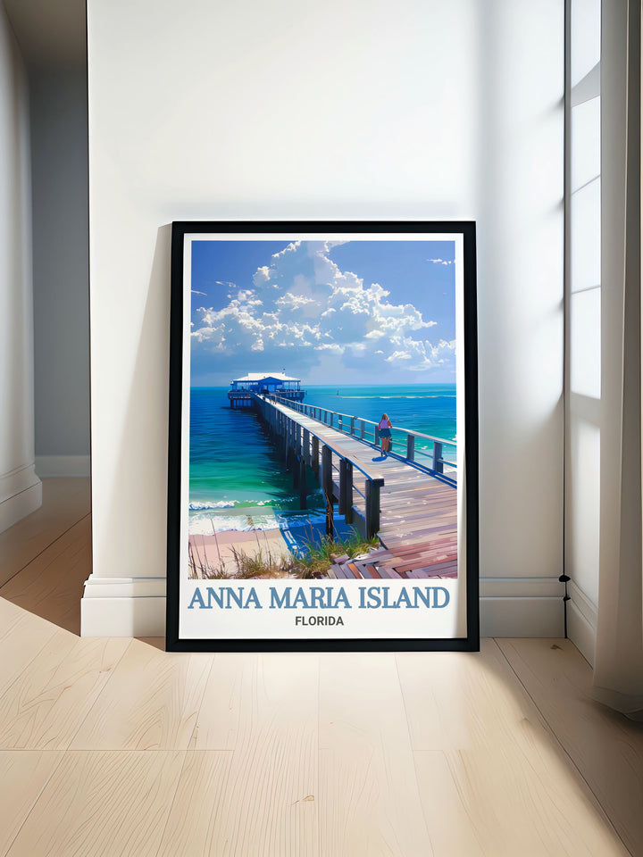 Stunning Florida Anna Maria City Pier art print showcasing the iconic pier and calm coastal waters in a modern style perfect for any living room or home decor. This digital print captures the beauty of Florida in a fresh and contemporary way.