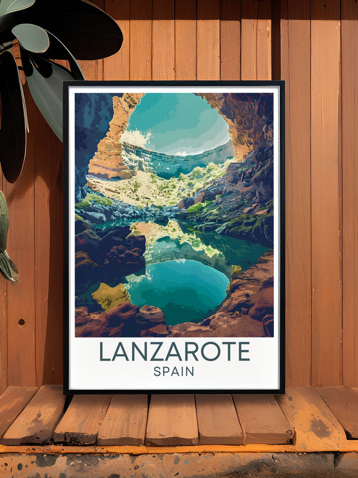 Experience the magic of Jameos del Agua with this detailed poster, highlighting the cultural and natural elements of Lanzarotes renowned landmark, from its stunning volcanic tubes to the lush greenery, perfect for enhancing your home decor.
