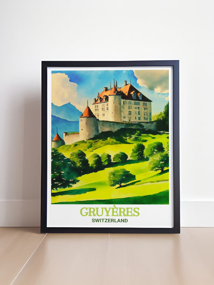 Stunning Gruyeres Castle print showcasing the historic architecture and scenic beauty of Gruyeres Switzerland. This wall art is ideal for enhancing any room with a touch of Swiss elegance and timeless travel decor.