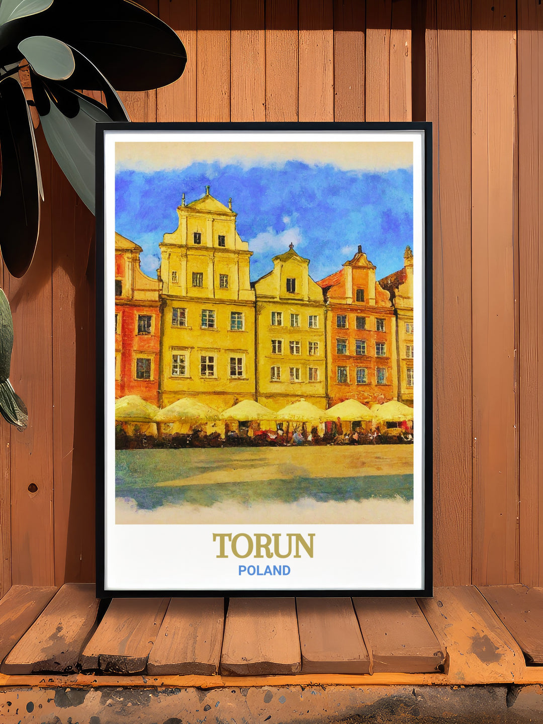 A vibrant print of Polands Torun, focusing on the lively Old Town Market Square with its mix of historic architecture and modern energy, ideal for home decor.