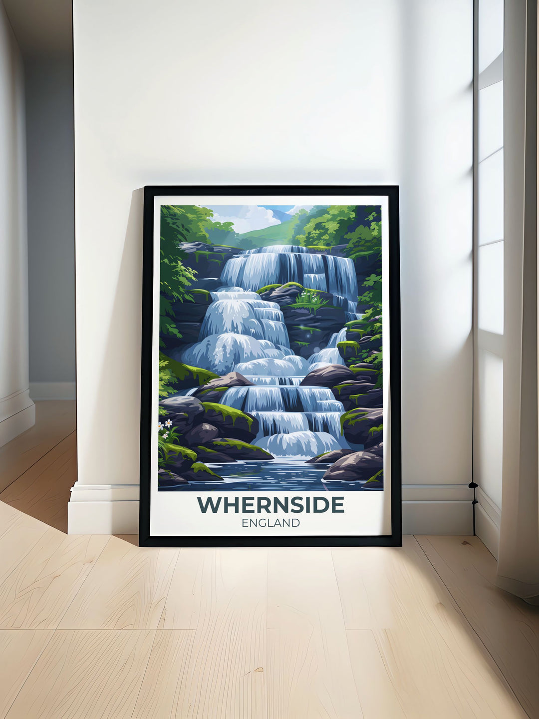 Discover the charm of Yorkshire with this travel poster featuring Whernside and Force Gill Waterfall. The poster showcases the regions scenic trails and serene beauty, perfect for travel lovers and art collectors.